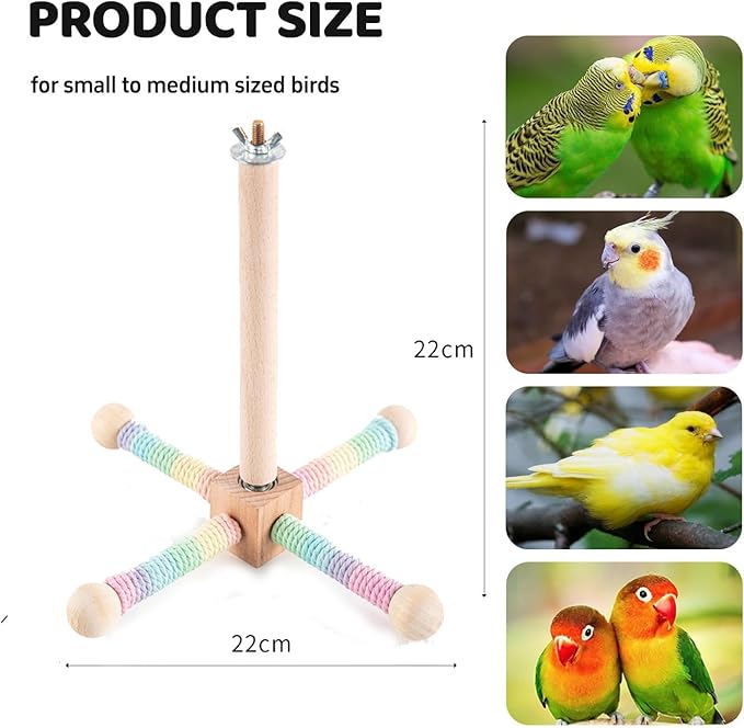 Bird Perch Toys for Parakeets, 360° Silent Free-Spin, Parrot Playground Gym for Cockatiels,Wooden Bird Cage Accessories, Relieve Boredom Anxiety, Natural Wood Activity Center