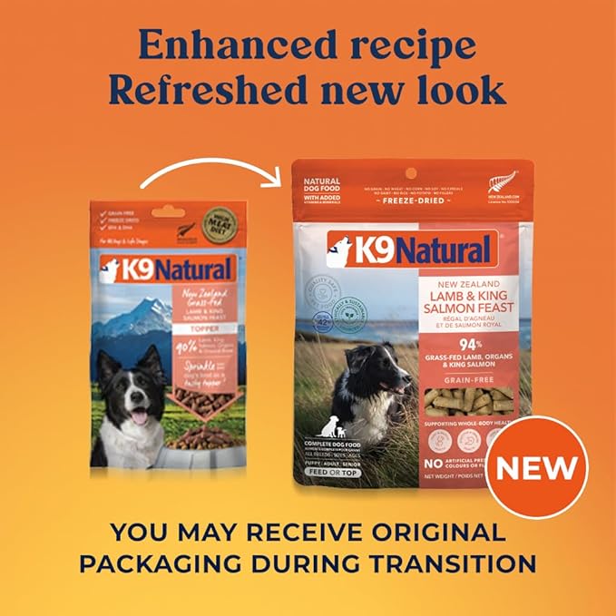 K9 Natural Lamb & King Salmon Freeze Dried Dog Food, High-Meat Natural Complete Meal or Meal Toppers for Dogs, Grass-Fed Lamb & King Salmon from New Zealand, Grain-Free, GMO-Free, 3.5oz