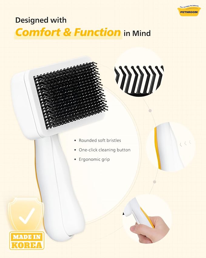PETHROOM Pet Healing Slicker Brush with One-Touch Clean Button | Gentle Grooming Brush for Dogs & Cats | Removes Shedding, Mats & Tangles with Coated Tips, White & Yellow