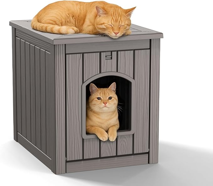 DRATO Outdoor Cat House -Weatherproof Resin Cat Houses for Cats, Durable, Easy Assembly,cat Igloo Outdoor，Durable & Insulated Shelter for Garden, Patio, or Backyard（Grey，18.46 * 23.62 * 21.42）