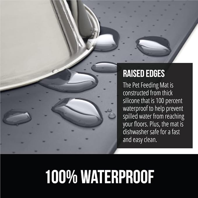 GORILLA GRIP 100% Waterproof Raised Edge BPA Free Silicone Pet Feeding Mat, Dog Cat Food Mats Contain Spills Protects Floors, Placemats for Cats and Dogs Water Bowl, Pets Accessories 32x24 Gray