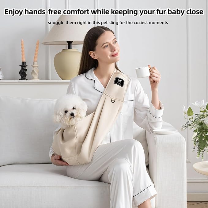 Dog Sling Carrier for Small Dogs Cats up to 15 lbs - Hands Free Puppy Carrier Bag (Plus Size L) - Ergonomic Padded Shoulder Strap & Safety Hook Based on Owner's Bust Length, Apricot