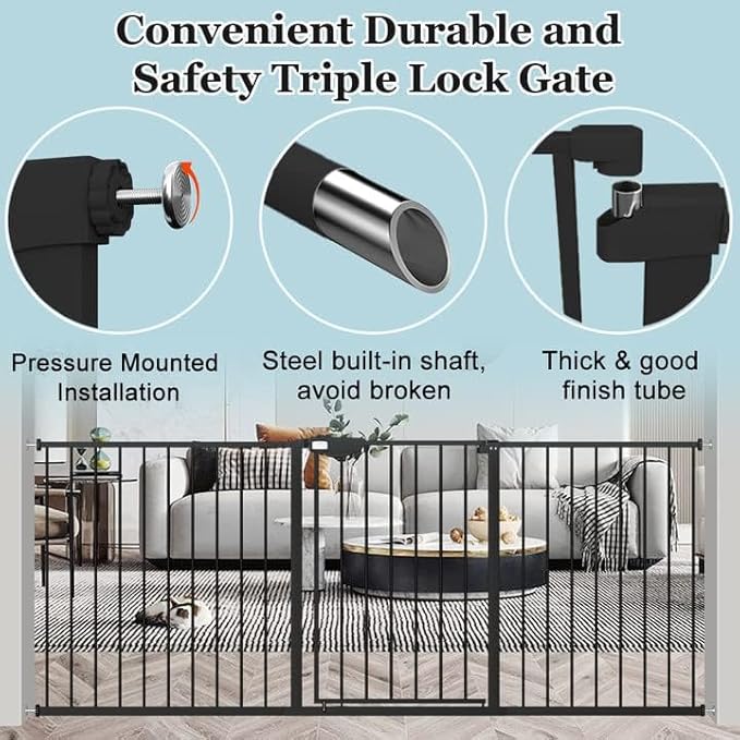 WAOWAO Triple Lock Baby Gate Extra Wide 76.77-81.49" Pressure Mounted Walk Through Swing Auto Close Safety Black Metal Dog Pet Puppy Cat for Stairs,Doorways,Kitchen