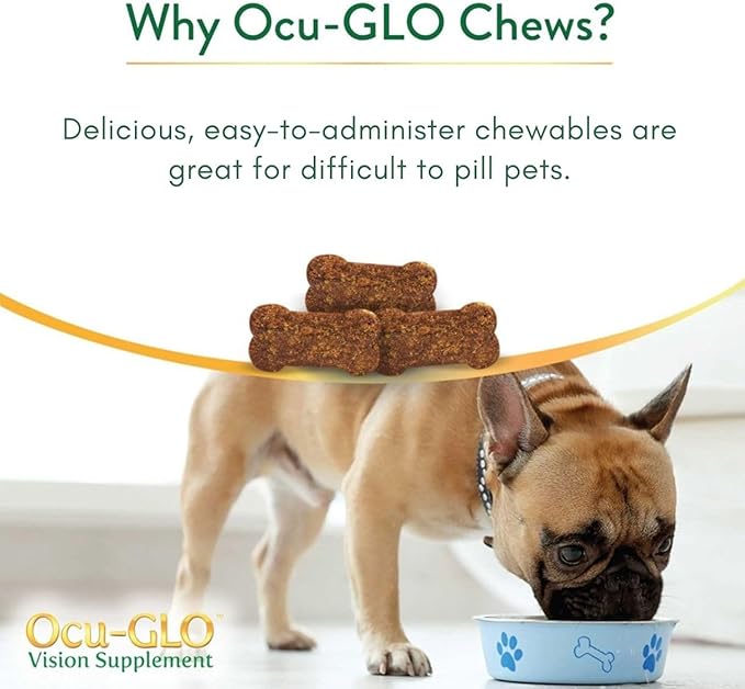 Ocu-GLO Cat & Dog Supplement for Eye Support - Chewable Vision Vitamins Supplements for Large and Small Pets Care with Lutein, Omega-3 Fatty Acids, Grape Seed Extract & Antioxidants