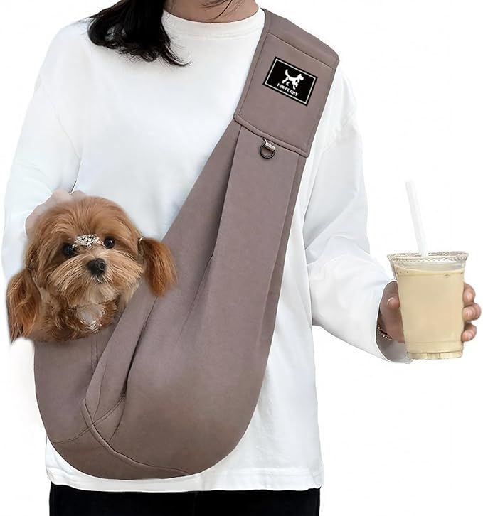 Dog Sling Carrier for Small Dogs Cats up to 15 lbs - Hands Free Puppy Carrier Bag (Plus Size L) - Ergonomic Padded Shoulder Strap & Safety Hook Based on Owner's Bust Length, Caramel