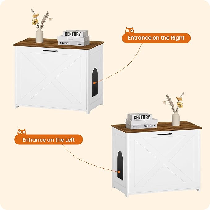 Dwanton Cat Litter Box Furniture Hidden, Cat Litter Box Enclosure, Reversible Entrance Can Be on Left or Right Side, Indoor Cabinet, Wooden Washroom, Nightstand, White and Warm Brown, 27.6" L