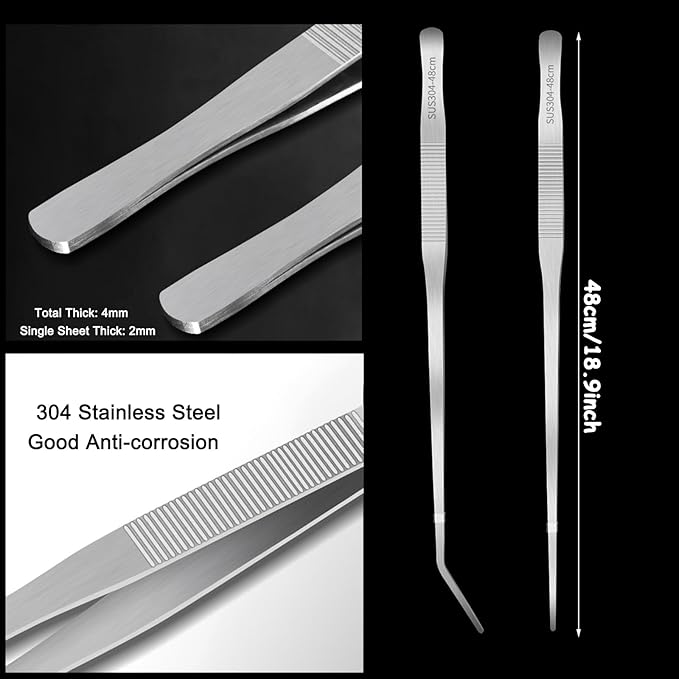 Heavy Duty Extra Long Tweezers for Fish Tank, 18.9 Inch Reptile Snake Feeding Tongs, 304 Stainless Steel Curved Tweezers Tongs for Aquarium Fish Tank Plants (Curved)
