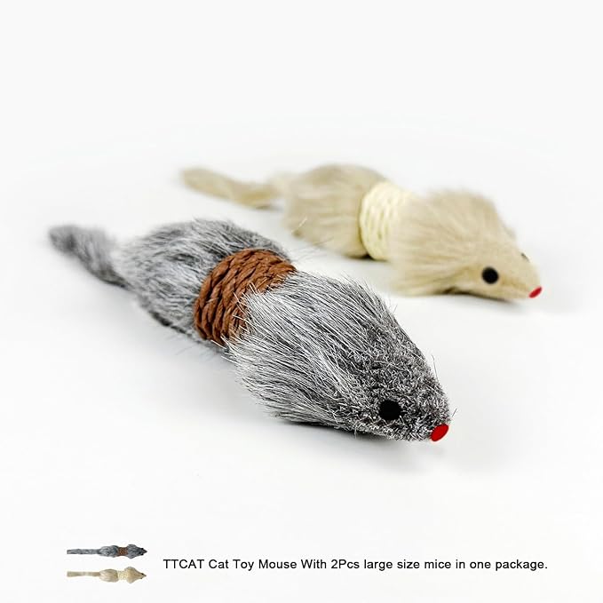 TTcat 2Pcs Cat Mice Toys,Faux Fur Cat Kicker Toys Large Mice with Long Tail Without Catnip, Interactive Catch Play Mouse Toy for Indoor Cats and Kittens.