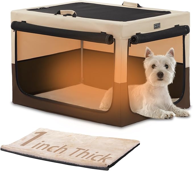 PETSFIT Portable Dog Crate for Small Dogs, – 24" Soft Dog Travel Crates with Lockable Zippers & Thicken Mat, Adjustable Patented Spiral Steel Frame, Collapsible Kennel for Indoor & Outdoor