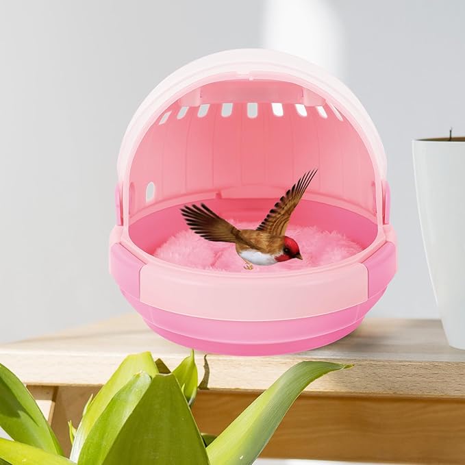 BESPORTBLE Portable Parrot Travel Cage Carrier with Warm Nest Pad, Lightweight Bird Carrier for Small Birds, Pink Space Capsule Design for Outdoor Use and Pet Sleeping Bed
