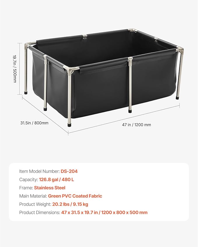 Happybuy 126.8-Gallon Black Rectangular Fish Pond - Foldable Above Ground PVC Koi Tank with Stainless Steel Frame & Drain Valve for Aquaculture and Breeding