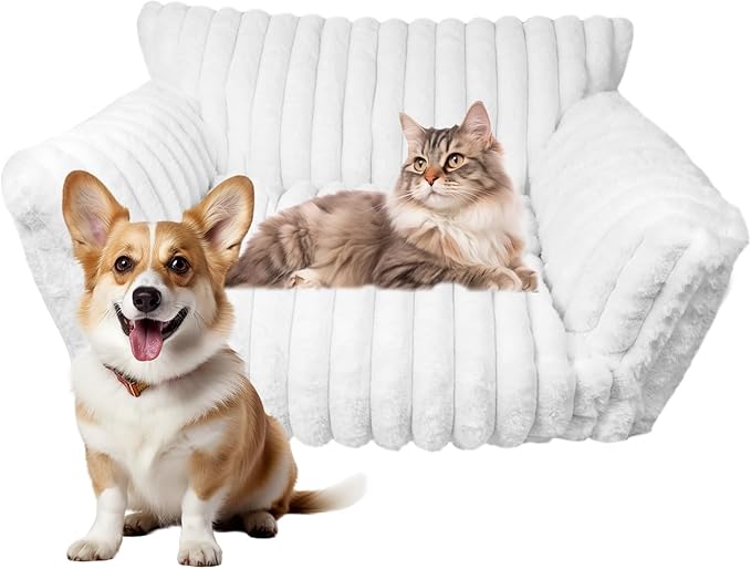 Cat Couch for Pets - Cute Cat Beds for Indoor Cats with Removable Cover, Washable Soft Corduroy Plush, Fluffy Supportive Pet Sofa Chair for Cats, 24 inch White