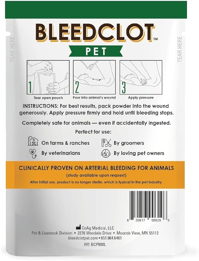 FirstAid Blood Clotting Powder | Stop Bleeding on All Animals Guaranteed | Minor Cuts to Arterial Bleeding | from Makers of BleedStop | Veterinarian + Household Use (1 Pouch, 5 oz)