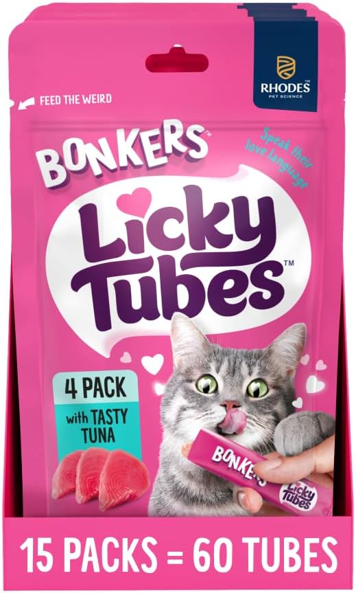 Bonkers Licky Tubes, Wet Lickable Tube Tasty Tuna Cat Treats, Real Meat Treat for Training or Food Topper for All Breeds and Ages (15 Pack, 60 Tubes) - Product Package May Vary
