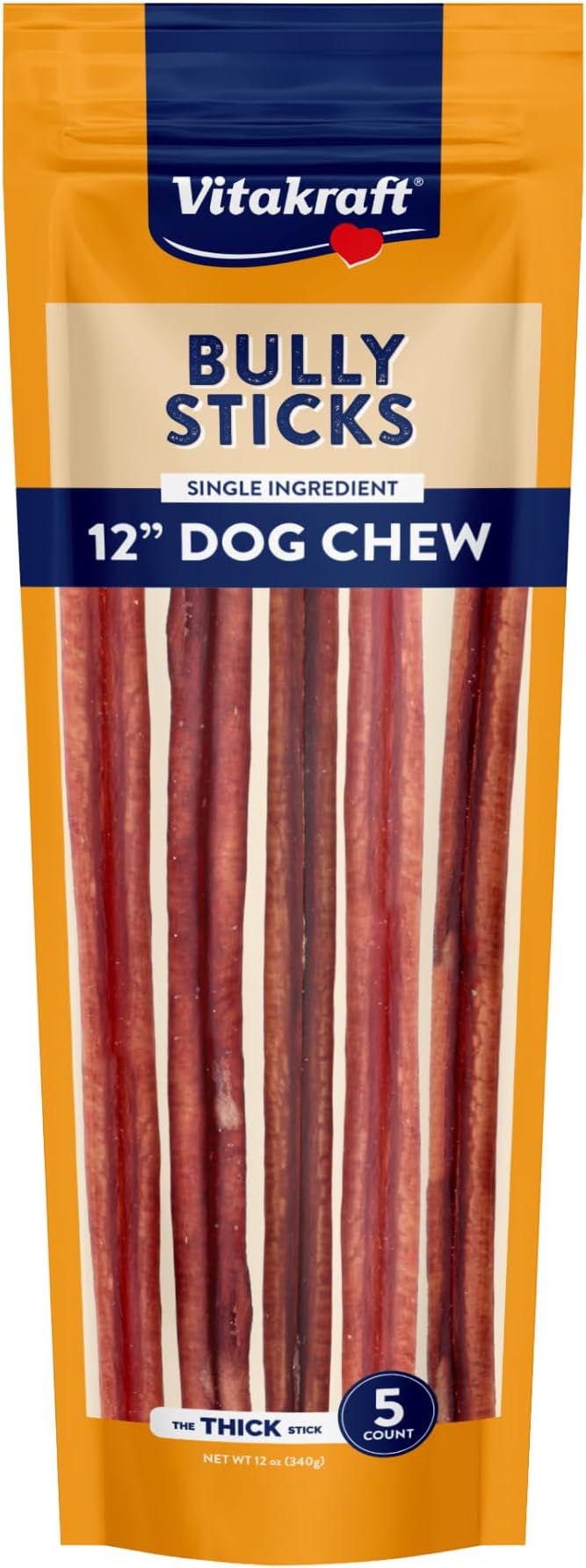 Vitakraft Dog Bully Sticks, 12 Inch, 5 Count, Thick, All-Natural Beef Chews for Dogs, 12 oz