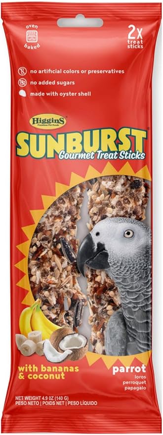 Higgins Sunburst Gourmet Avian Treat Stick for Parrots. Banana & Coconut 2pk. 4.9oz