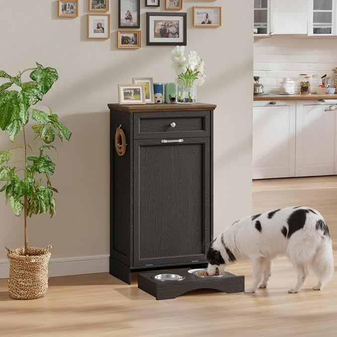 FIMELLO Dog Feeding Station, Tilt-Out Dog Food Storage Cabinet with Drawer,Pet Feeder Cabinet,Black Grain