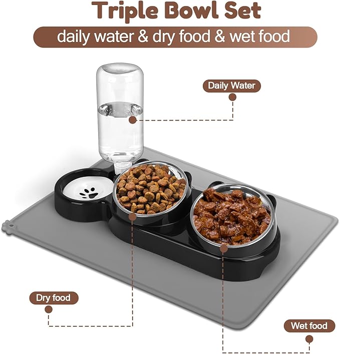 Cat Food and Water Bowl Set, Stainless Steel Raised Cat Bowls with Automatic Water Bottle & Waterproof Mat for Cats/Puppies, 3 in 1 Pet Feeding Station for Wet/Dry Food, Black