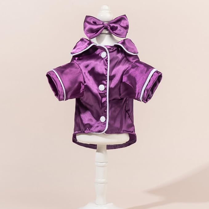 Cat Puppy Costume Elegant Satin Pajamas with Bow Headband 2PCs Set Pet Sleepwear Cute Pet Outfit Cosplay Partywear Photoshoots (Purple Set,X-Small)