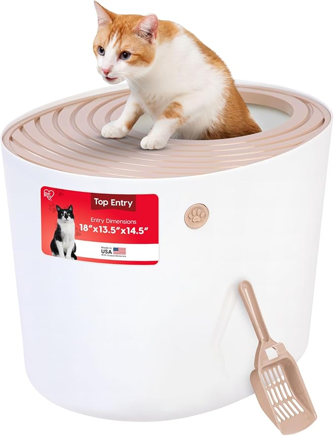 IRIS USA Large Top Entry Cat Litter Box with Lid Enclosed Covered Hooded Design Litter Catching Scatter Shield Pan Dog Proof Pet Proof Scoop Included Odor Control for Indoor Cats Kittens Beige/White