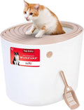 IRIS USA Large Top Entry Cat Litter Box with Lid Enclosed Covered Hooded Design Litter Catching Scatter Shield Pan Dog Proof Pet Proof Scoop Included Odor Control for Indoor Cats Kittens Beige/White