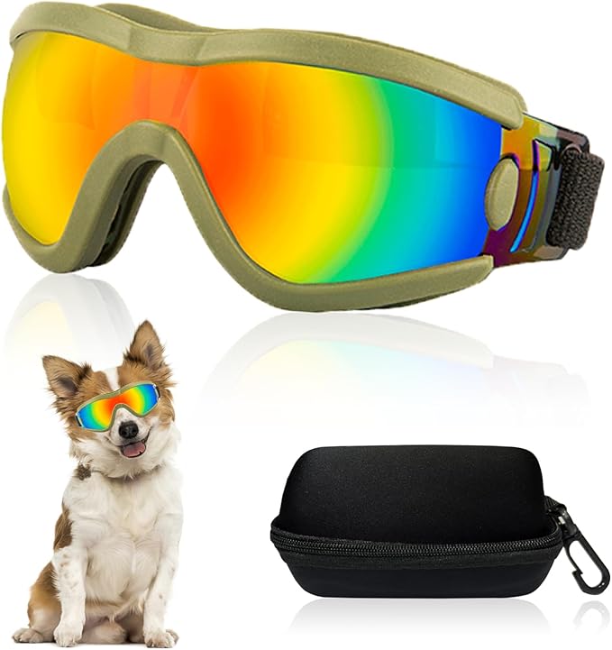 Dog Goggles Small Breed Dog Sunglasses with Adjustable for UV Protection Eyewear Doggy Doggie Puppy Glasses Anti-Fog Wind Dust Snowproof (Green Frame Red Lens)