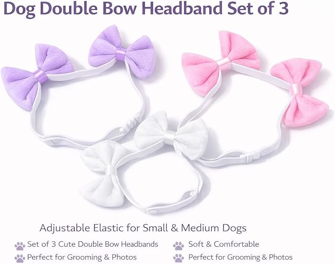 Dog Double Bow Headband Set of 3, Adjustable Elastic Dog Headbands for Small & Medium Dogs, Puppy Head Bows, Dog Hair Accessories for Grooming, Photos & Holiday Occasions