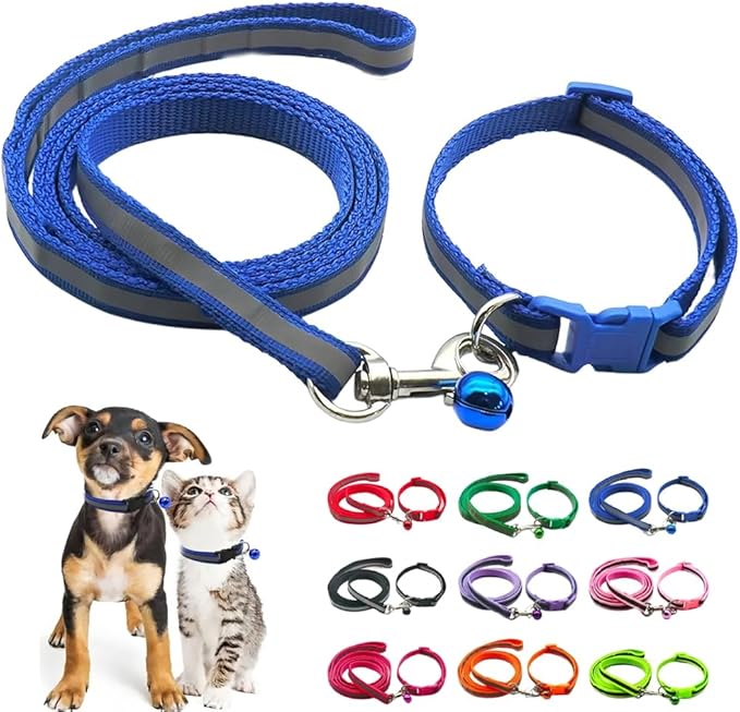 Blue XXS Dog Collar with Bell, Reflective Puppy Collar and Leash Sets Adjustable Quick Release Cat Collars with Bells for Tiny Little XXS XS Extra Small Breed Pets Dogs Kittens Girls Boys