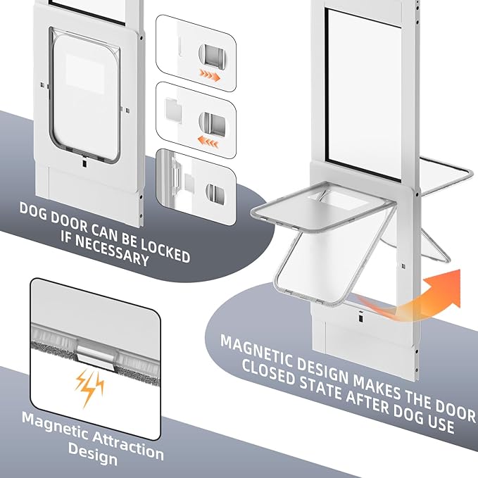 Dog Door for Sliding Glass Door with Magnetic Plastic Flat, Sliding Door Pet Doggie Door Insert with Lock, Adjustable Height No-Cut Required Doggy Door Access Renters, Apartments, Patio (White, L)