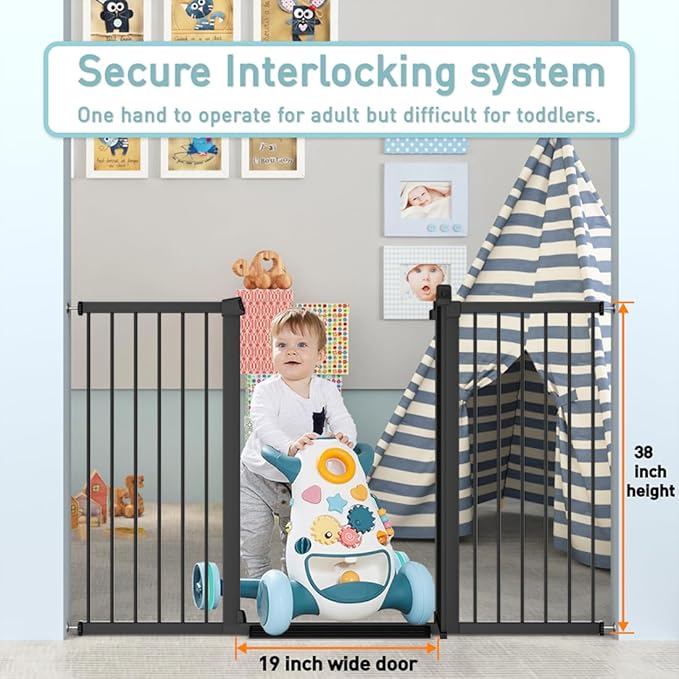 Fairy Baby 38" Extra Tall Pet Gate for Stairs, Fits Openings of 35.04" to 37.80" Wide, Extra Wide Baby Gate Indoor, Pressure Mounted Walk Thru Swing Auto Close Metal Puppy Barrier for Doorway, Black
