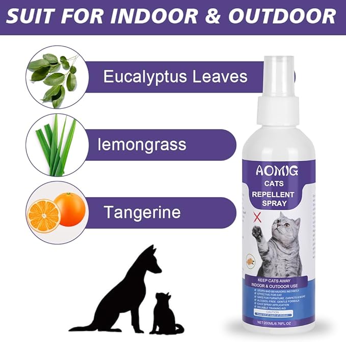 AOMIG Cat Deterrent Spray, Natural Cat Repellent Spray, Non-Toxic Anti-Scratch Deterrent for Furniture Protection Sofas Rugs Plants, Indoor & Outdoor Safe Effective Training Aid for Cats, 200ml
