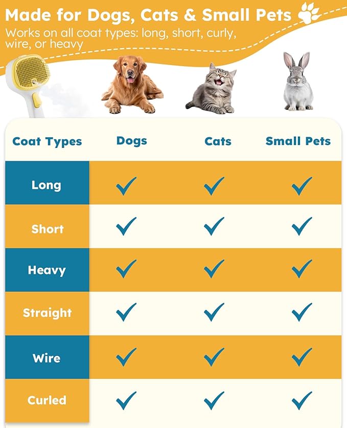 Cat Steam Brush for Cats & Dogs, Pet Steam Brush 3-in-1 with 2 Mist Modes, One-Touch Self Cleaning, Magnetic Safe Charging, Cat Hair Brush for Shedding, Dog Brush for Shedding, Yellow