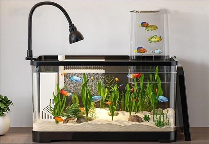 4 Gallon Fish Tank, Small Tabletop Fish Tank, Aquarium with Negative Pressure Tank, Fish Aquarium with Spotlight and Water Pump, Betta Fish Tank Starter Set(Black,19.5x8.5x13.4in)