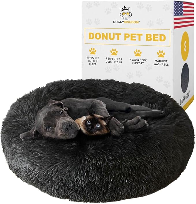 Calming Round Donut Dog Bed Pillow, Washable, Anti Anxiety, Anti-Slip, Cozy Soft Cuddler Comfort Bed with Fluffy Plush Faux Fur for Large Medium Small Sized Dog - Dark Gray, S 28 inch