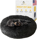 Calming Round Donut Dog Bed Pillow, Washable, Anti Anxiety, Anti-Slip, Cozy Soft Cuddler Comfort Bed with Fluffy Plush Faux Fur for Large Medium Small Sized Dog - Dark Gray, S 28 inch