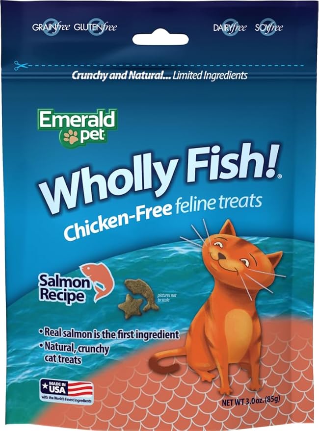 Emerald Pet Wholly Fish! Chicken-Free Feline Treats, Salmon Recipe — Tasty and Crunchy Salmon Cat Treats — Chicken-Free, Grain Free, Natural Cat Treats — Made in USA, 3 oz