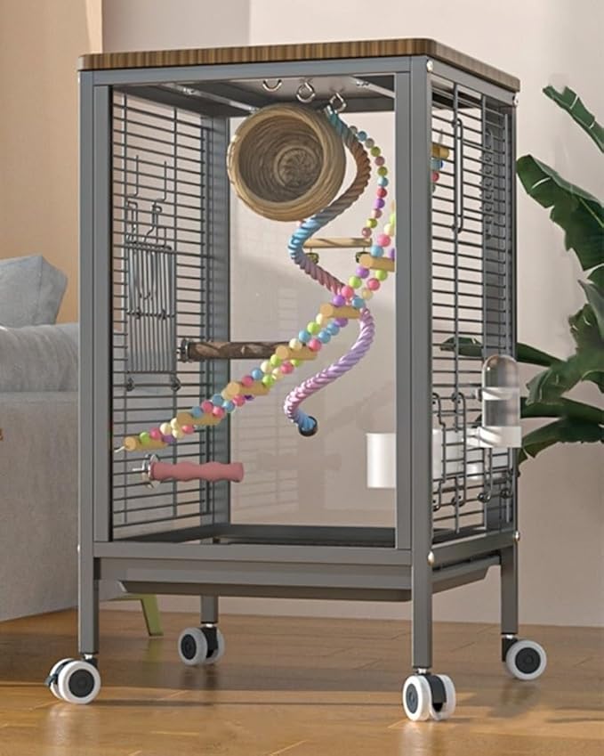 Medium Bird Cage with Rolling Wheels, Modern Clear Decorative Birdcage for Lovebirds, Hill Mynas, Budgerigars, Sun Conures, Munias, White-Eyes(Gray)