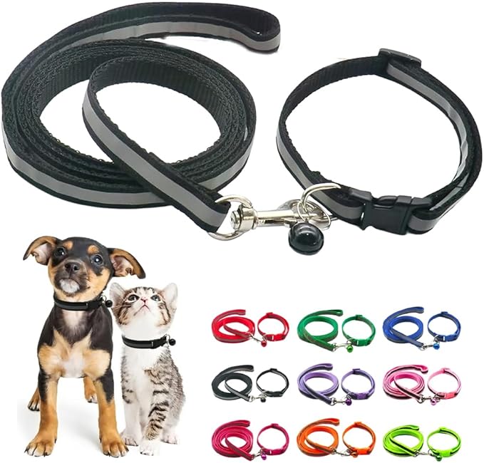 Reflective Puppy Collar and Leash Sets, Black Bell Collar for Small Dogs Adjustable Quick Release Kitten Collar with Bell for Tiny Little XXS XS Extra Small Breed Pets Dogs Cats Girls Boys