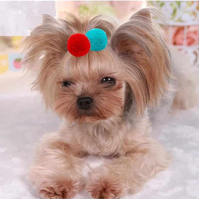 50pcs Dog Hair Bows Puff Ball,Pompom with Elastic Cotton Hair Tie Band for Doggy Puppy Cats Kitten Pets,Yorkshire Grooming Hair Accessories,No Damage Hair,0.75inch Hair Rope Multicolored