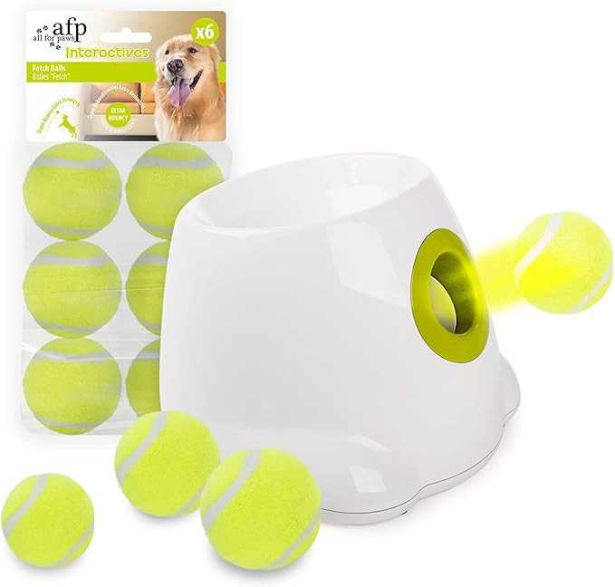 ALL FOR PAWS Automatic Ball Launcher for Dogs Interactive Puppy Pet Ball Indoor Thrower Fetch Machine, 3 Balls Included (2 inch) + Six Tennis Balls Bundle