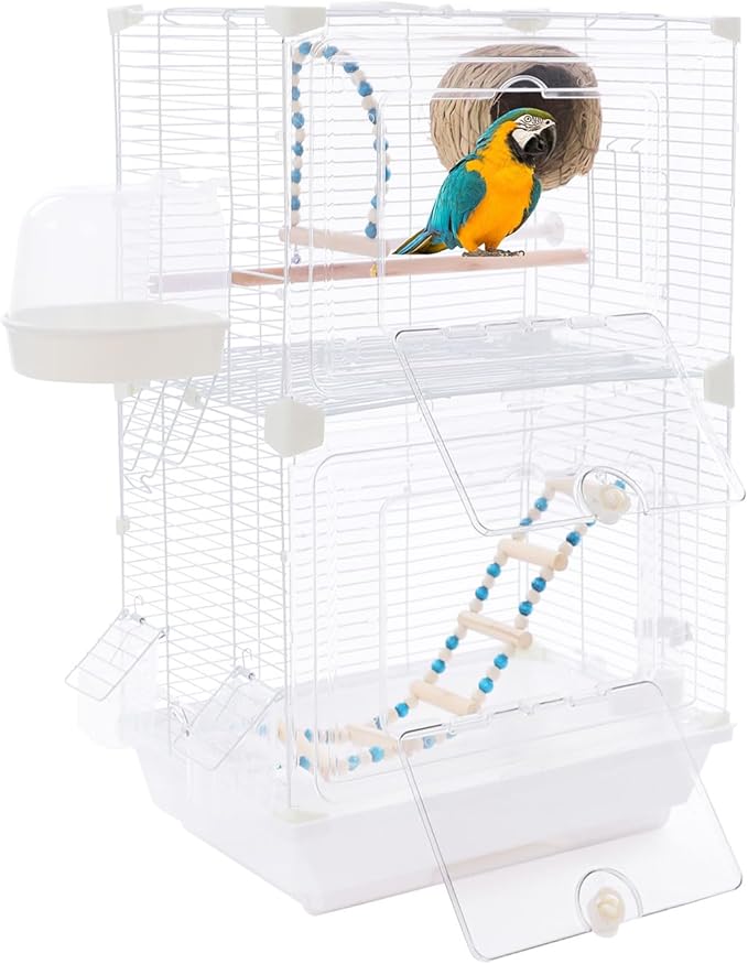 Two-Tier Bird Cage, 30 Inch Pigeons Parrot Birdcage with Safe Rotary Door Lock, White Parakeet Cage for Small to Medium Birds, Easy Access Double Doors. (F)