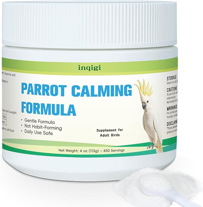 Parrot Calming Supplement – Natural Bird Stress Support Powder for Fireworks, Travel & Visitors – Vet-Formulated – Easy to Use Daily Support for Parrots – 4oz (450 Servings)