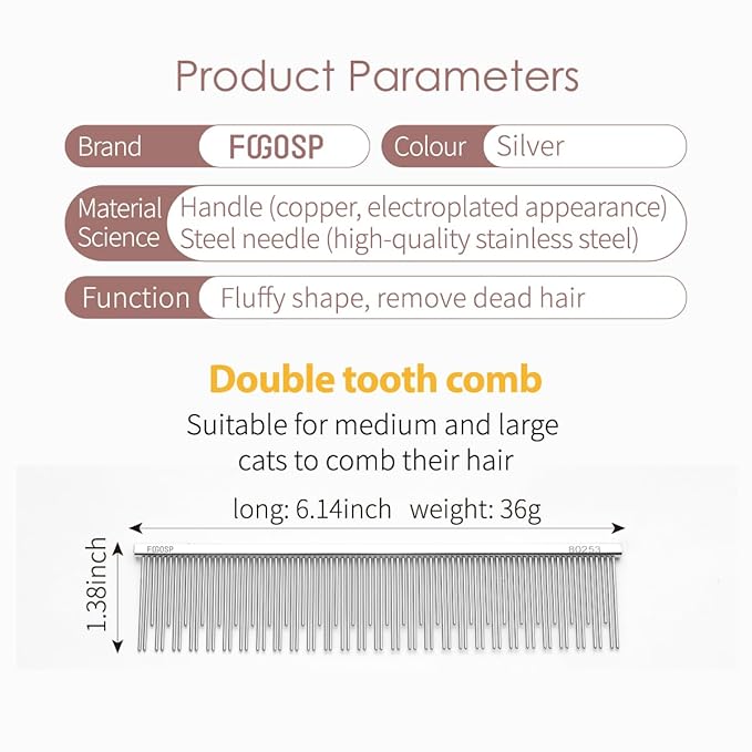 6.1" Cat Carding Dual Tooth Comb for Long Haired Cats & Dogs Ragdoll Round Corners Prevent Friction and Breakage Chrome Finish(M, Dual)