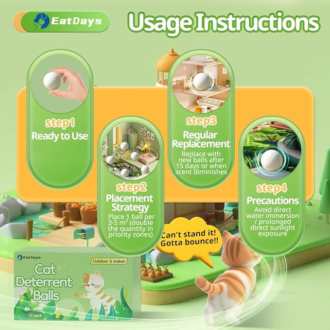 12 cat Repellent Balls Long-Lasting pet Repellent that Permanently Keeps Cats Away from Yards, Gardens, lawns, and Furniture, for Both Indoor and Outdoor use.