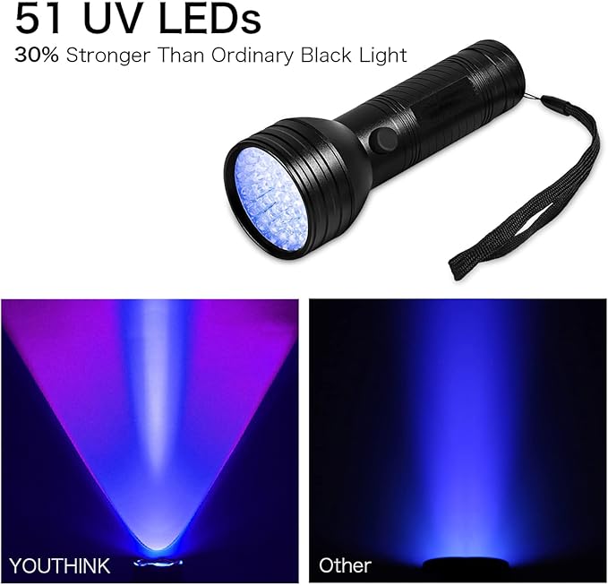 Jeanoko Pet Urine Detector, Portable Black Light Flashlight with More Bright 51 LEDs, Multipurpose Detection, Design, Spot Dried, Works Well, Scorpions, Hotel Rooms, Caterpillars,