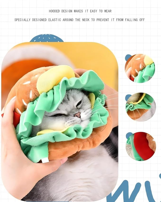 Soft Hamburger Hat Recovery Cone for Cats & Dogs - Funny Pet Collar Halloween Costume Hat for Small Pets