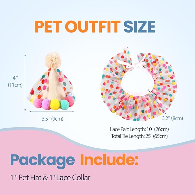 Cat Holiday Costume Hat with Bandana, Cat Hat with Polka Dot Tutu Collar, Pet Outfits for Small Dogs Bunny Birthday Party Decoration, Hat and Bandana Set