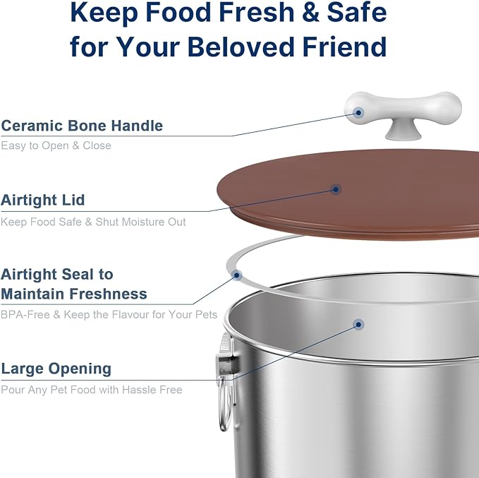 2PK 25 Lbs Stainless Steel Dog Food Storage Container with Airtight Lid & Ceramic Bone Handle, Large Metal Dog Food Bin for Dogs & Cats, Keep Fresh, Easy to Clean