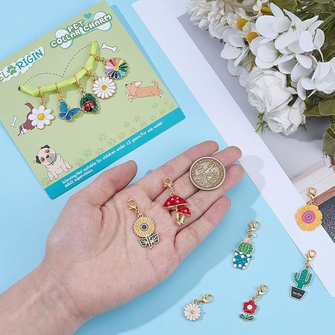 12 Styles Vegetative Collar Pendants for Cat Dog Alloy Enamel Cacti Pet Collar Pendants Clip-on Butterfly Flower Pet Collar for Bag Keychain Jewelry Making Training Home Decor