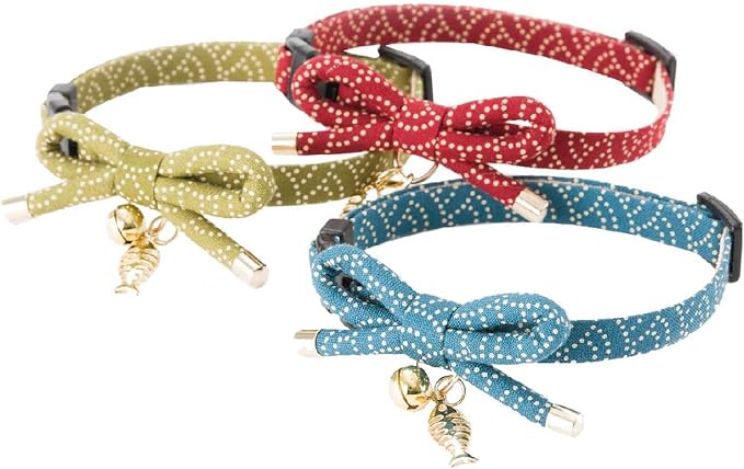 Necoichi Zen Fish Charm Cat Collar (Green) with Bell Safety Breakaway Soft Lightweight for Cats Kitty Kitten Japanese Stylish Pattern, No.1 Seller in Japan